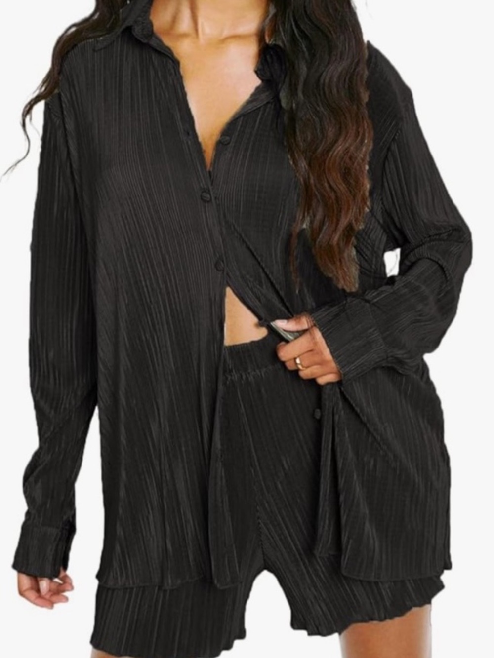 Black Plisse Button-Up Shirt
